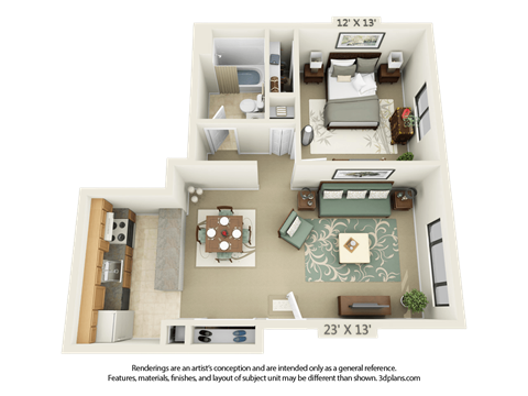 Floor plan for 1 bed, 1 bath, 640 sqft